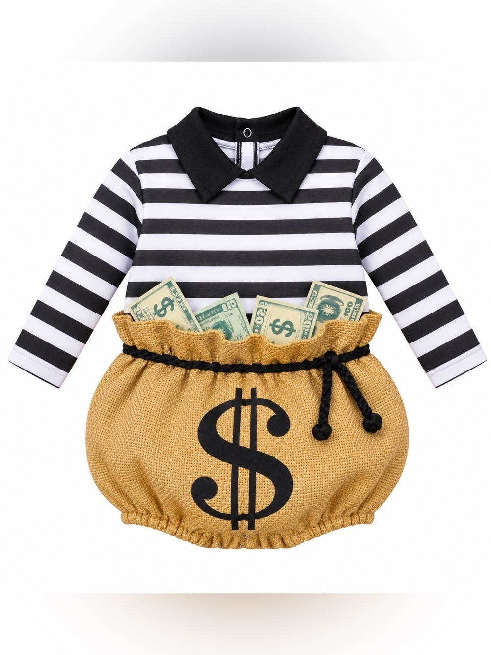 💰 Baby Bank Robber Money Bag Halloween Costume Black White | 6-9 Months - Picture 2 of 7